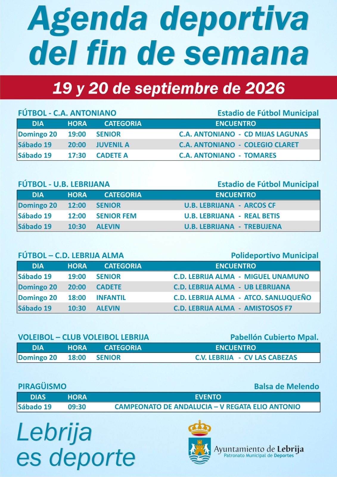 Agenda deportiva fin de semana 18092026