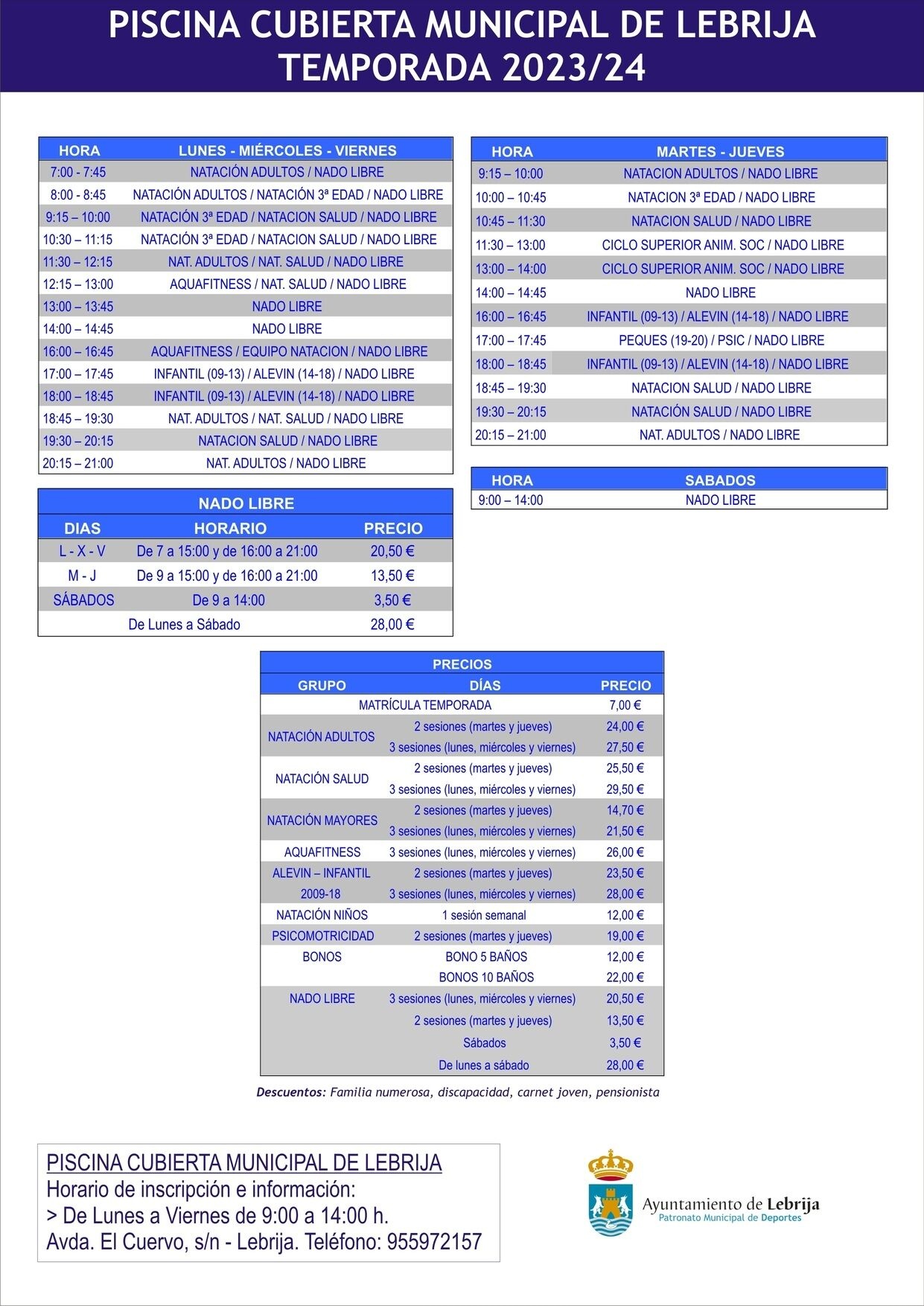 Piscina Cubierta Horarios y precios 23-24